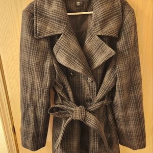 Women's Apostrophe Gray Plaid Wool Double-Breasted Peacoat, Petite 2X